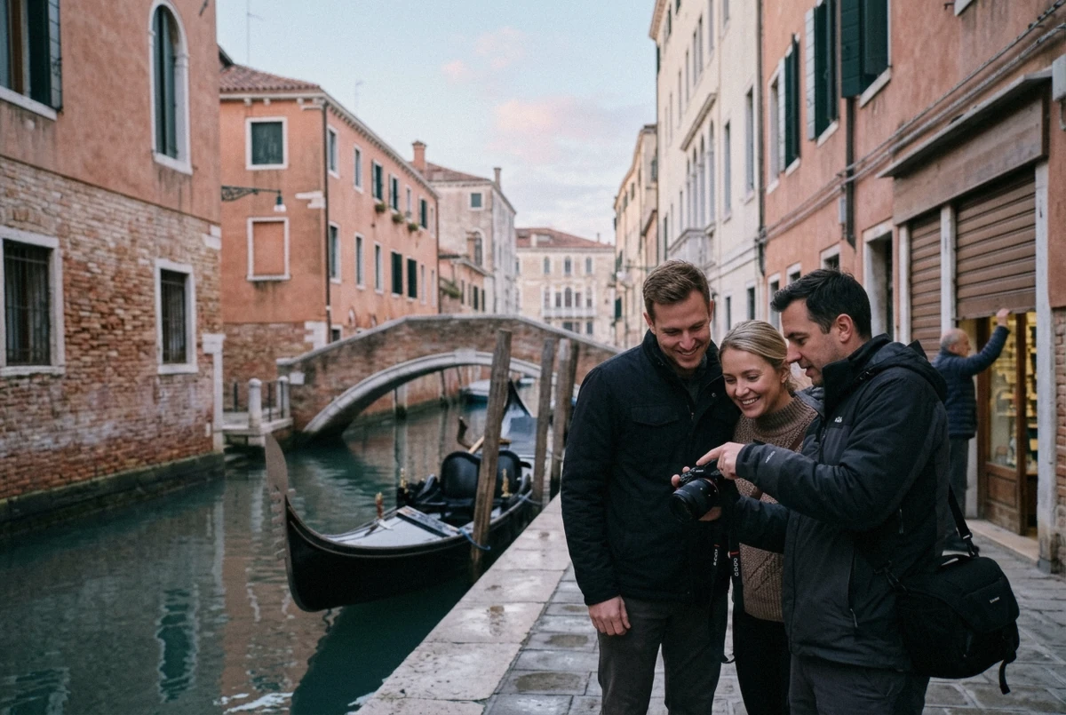 Photographer framing a couple on a quiet canal bridge at dawn, one of the best photo spots in Venice before the crowds arrive
