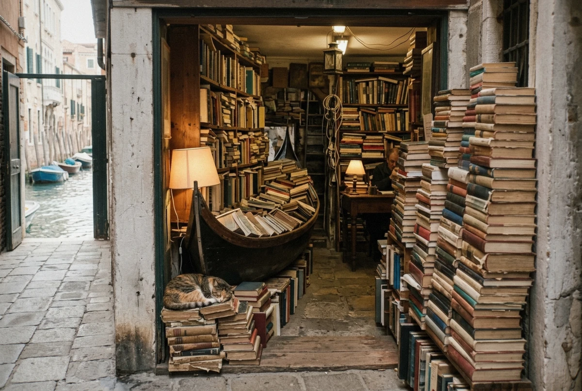 Book-filled gondola and staircase of books at Libreria Acqua Alta bookshop, an offbeat Venice photoshoot location