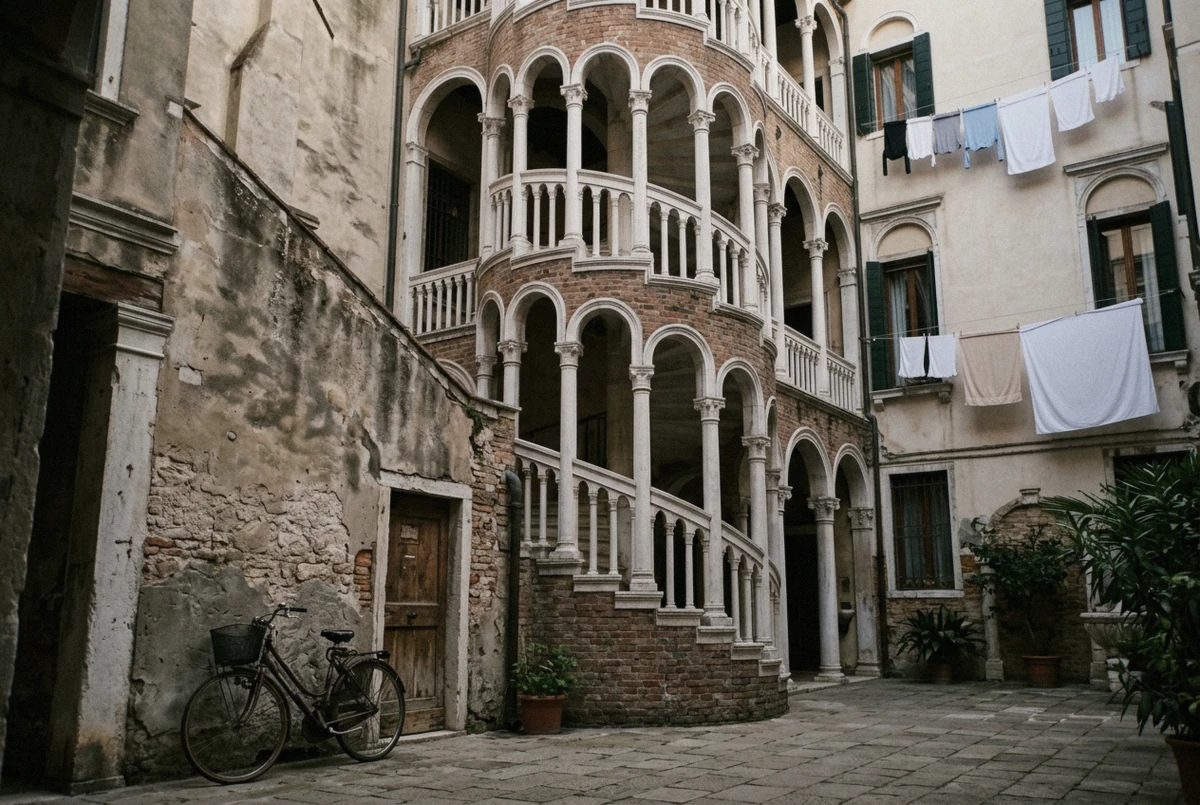 Spiral arcaded staircase of the Scala Contarini del Bovolo, a quiet courtyard stop on a cinematic Venice photoshoot