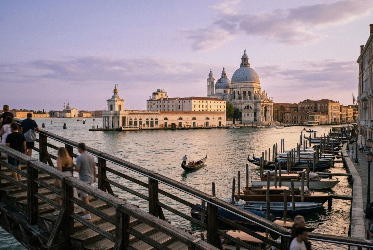 View from the Accademia Bridge toward the Salute domes at golden hour on a Venice photoshoot in Dorsoduro