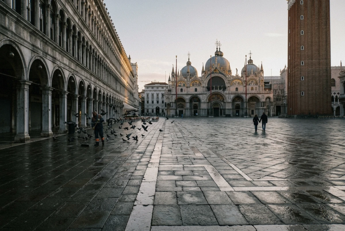 Empty Piazza San Marco at sunrise with the basilica facade glowing, the most-booked Venice photoshoot backdrop